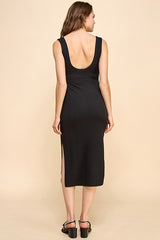 Black Ribbed Knit Low Back Midi Dress
