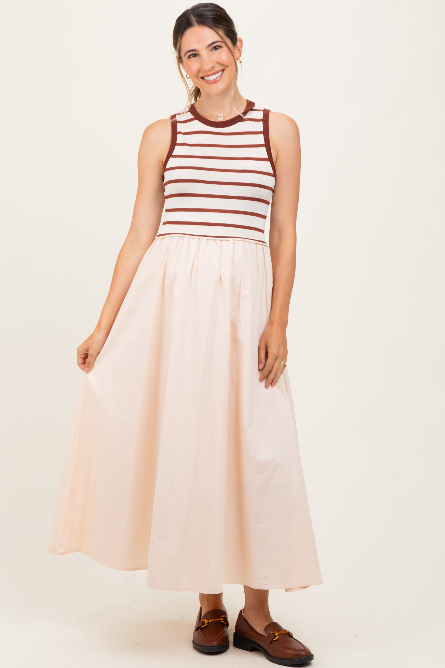 Cream Contrast Striped Bodice Sleeveless Maternity Maxi Dress