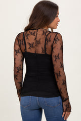 Black Mesh Lace High Neck Long Sleeve Maternity Top
