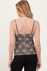 Beige Mesh Lace High Neck Long Sleeve Maternity Top