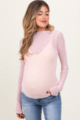 Light Pink Mesh Heart High Neck Long Sleeve Maternity Top