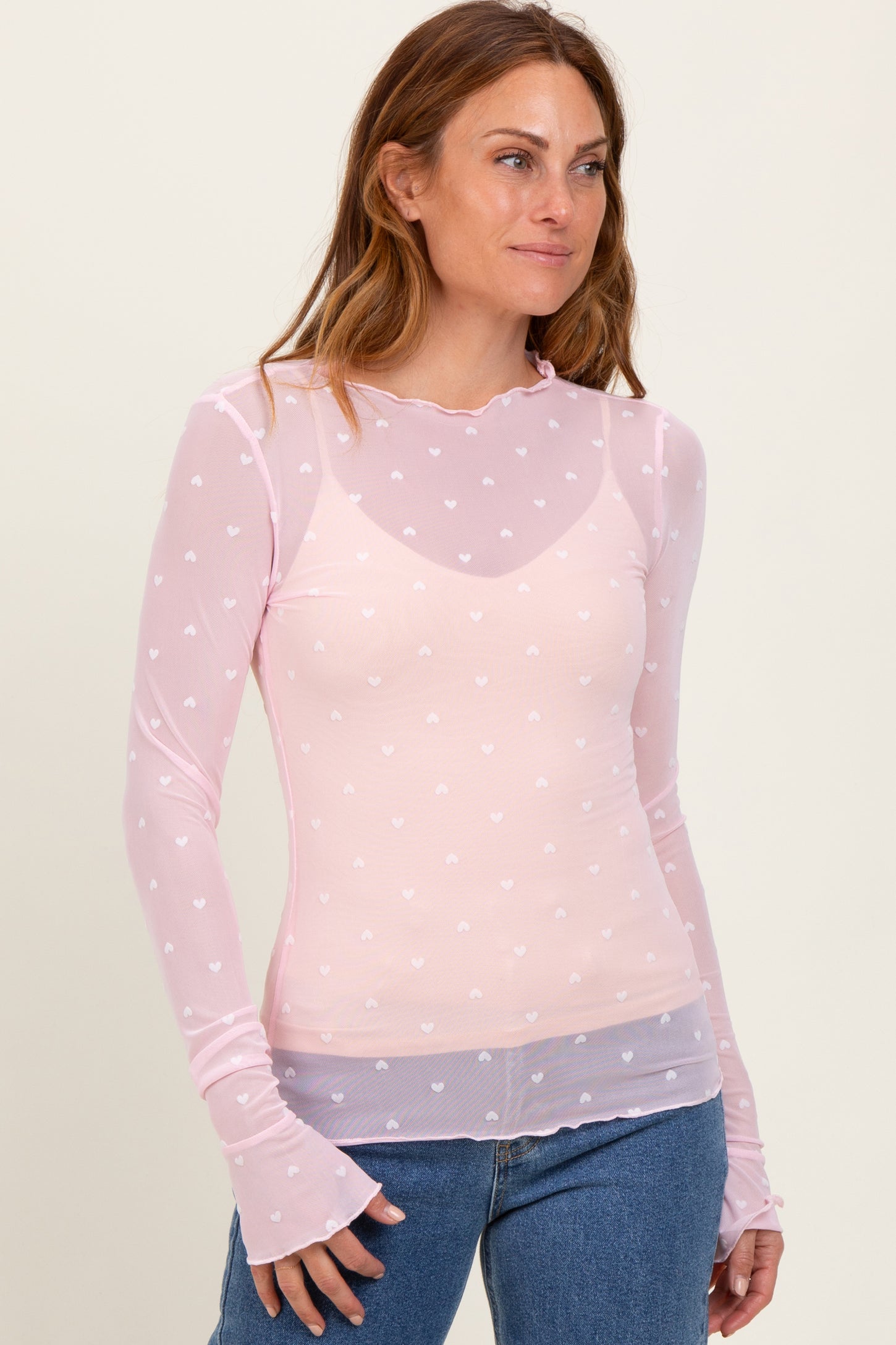 Light Pink Mesh Heart High Neck Long Sleeve Maternity Top