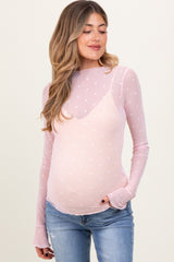 Light Pink Mesh Heart High Neck Long Sleeve Maternity Top
