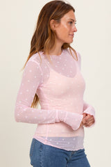 Light Pink Mesh Heart High Neck Long Sleeve Top