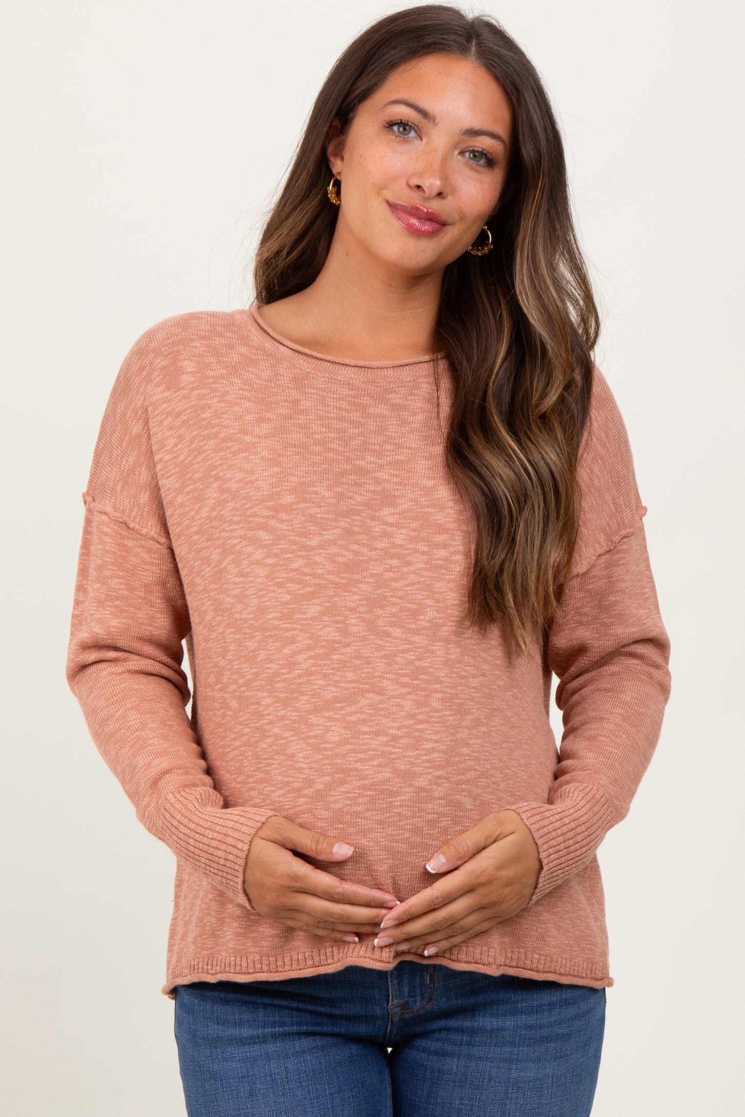 Peach Heather Unfinished Hem Maternity Sweater