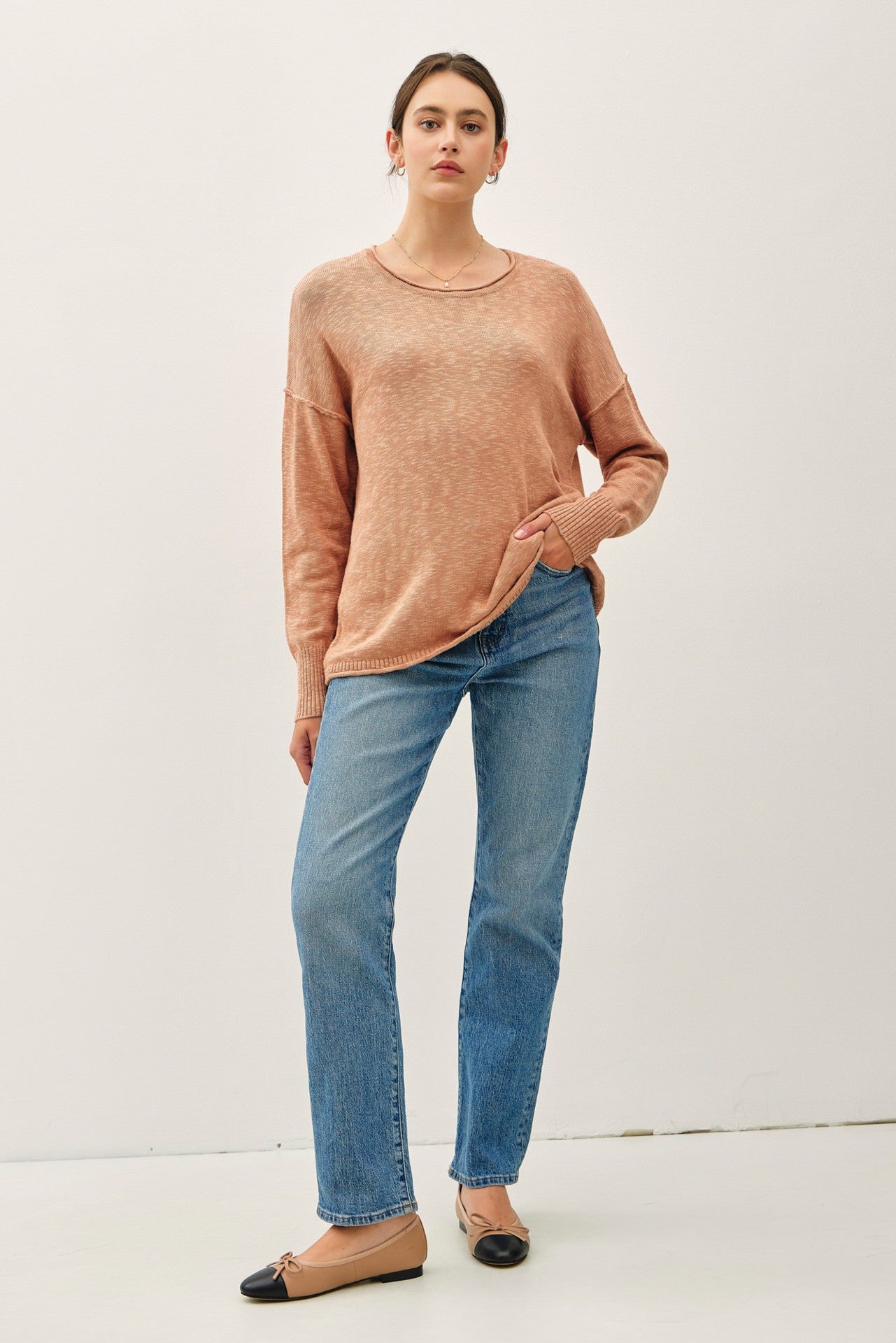 Peach Heather Unfinished Hem Sweater