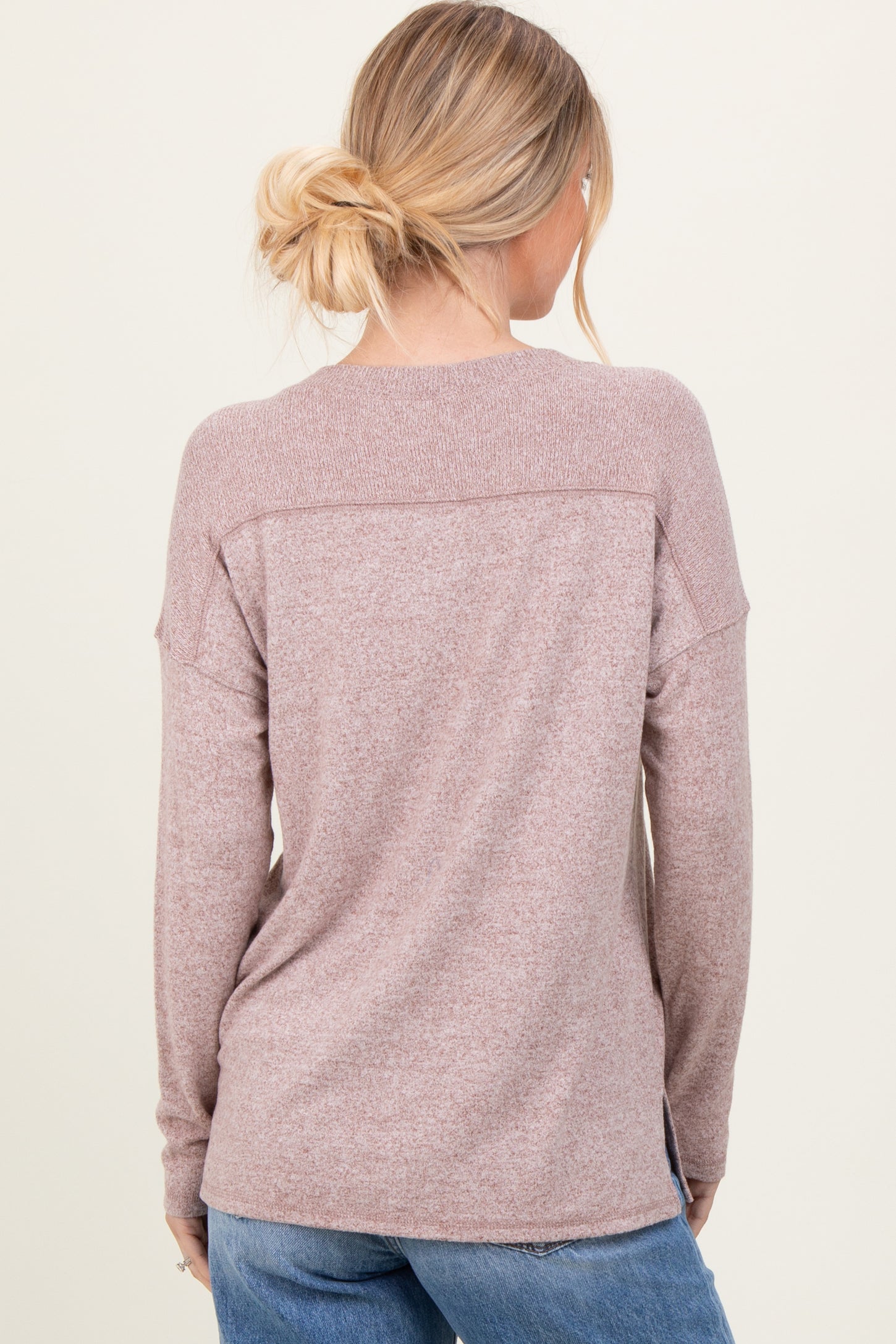 Beige Basic V-Neck Long Sleeve Brushed Knit Top