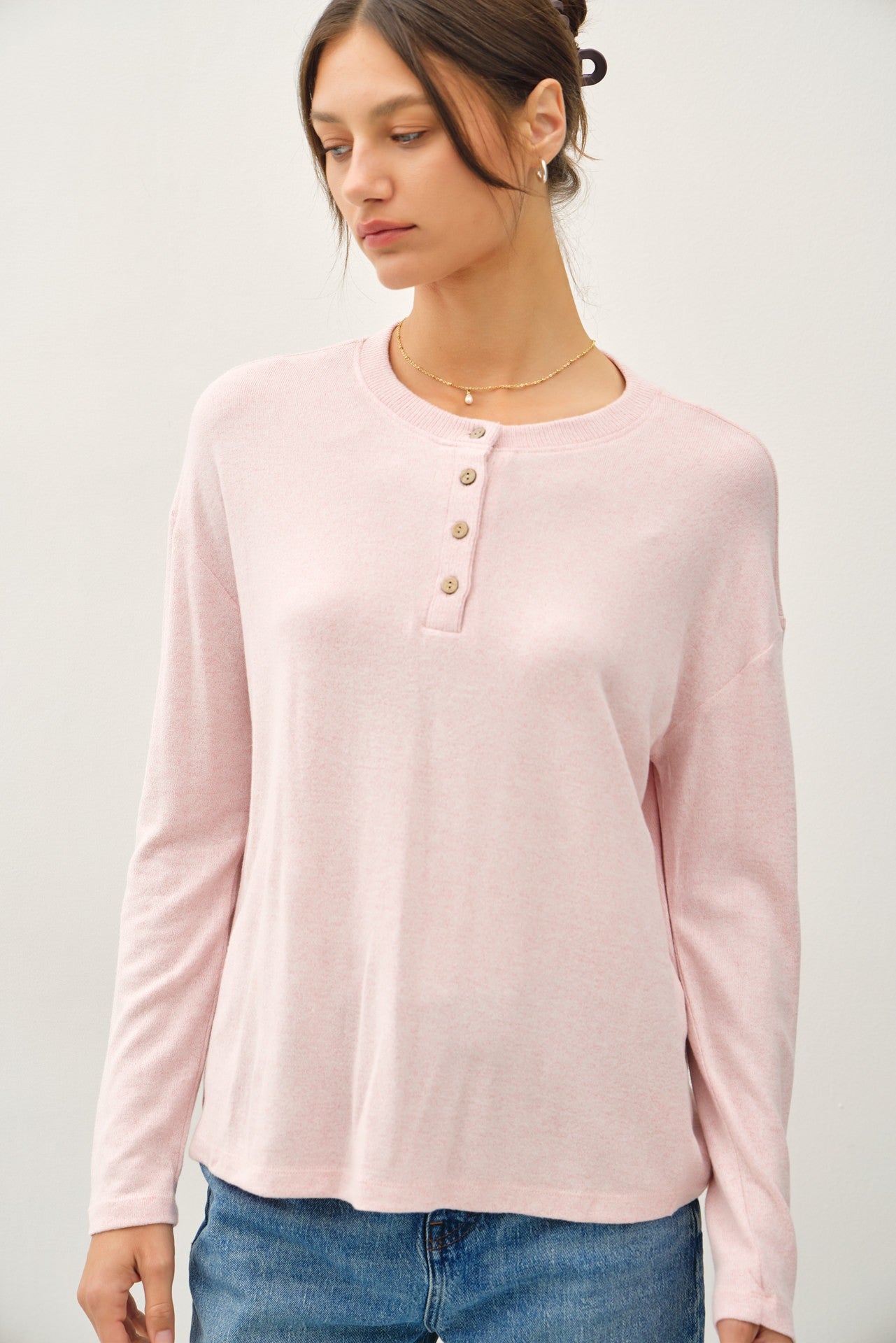 Light Pink Brushed Knit Henley Maternity Top