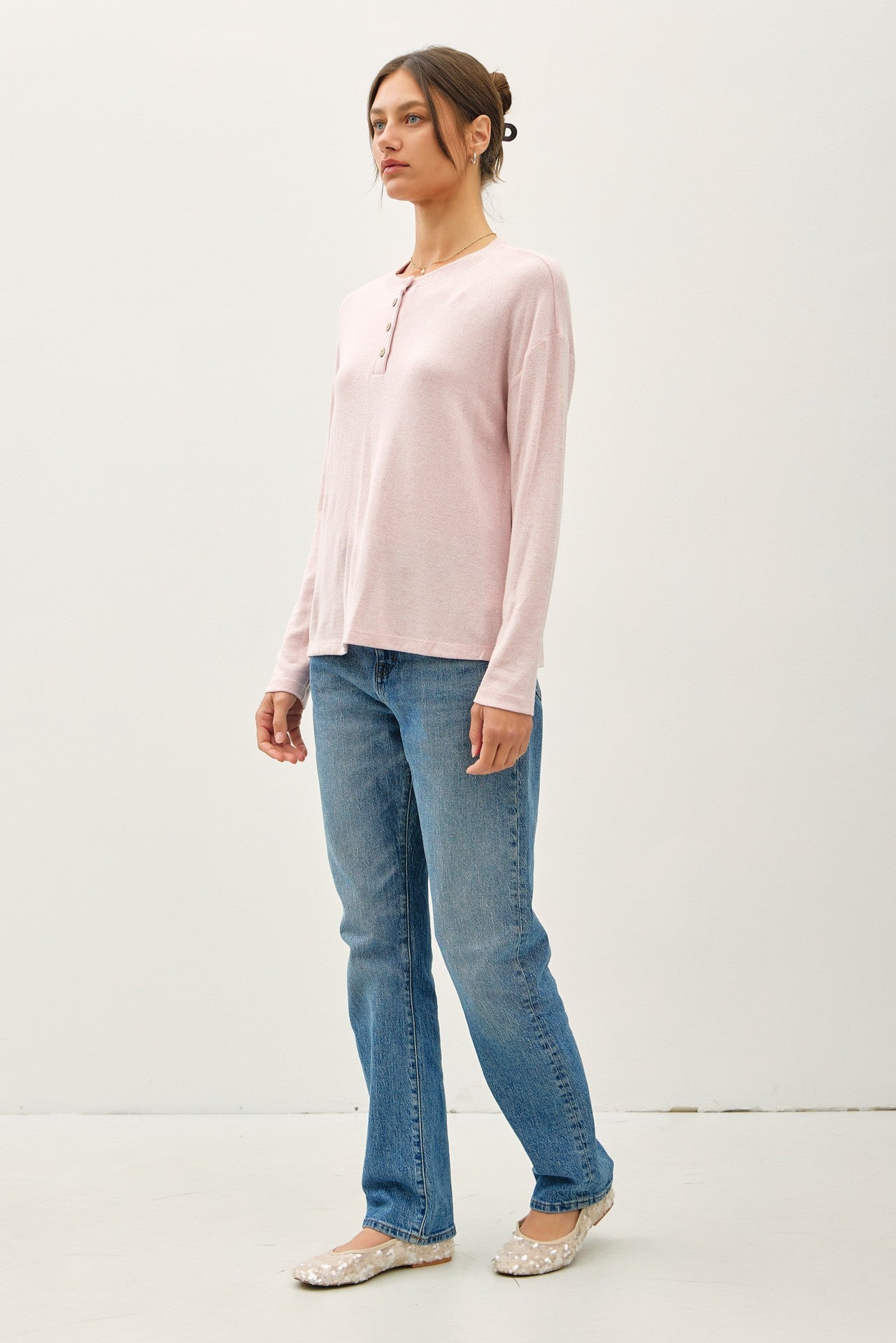 Light Pink Brushed Knit Henley Top