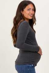 Charcoal Ribbed Scoop Neck Long Sleeve Maternity Top