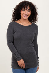 Charcoal Ribbed Scoop Neck Long Sleeve Top