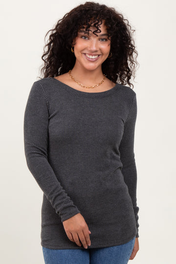 Charcoal Ribbed Scoop Neck Long Sleeve Top