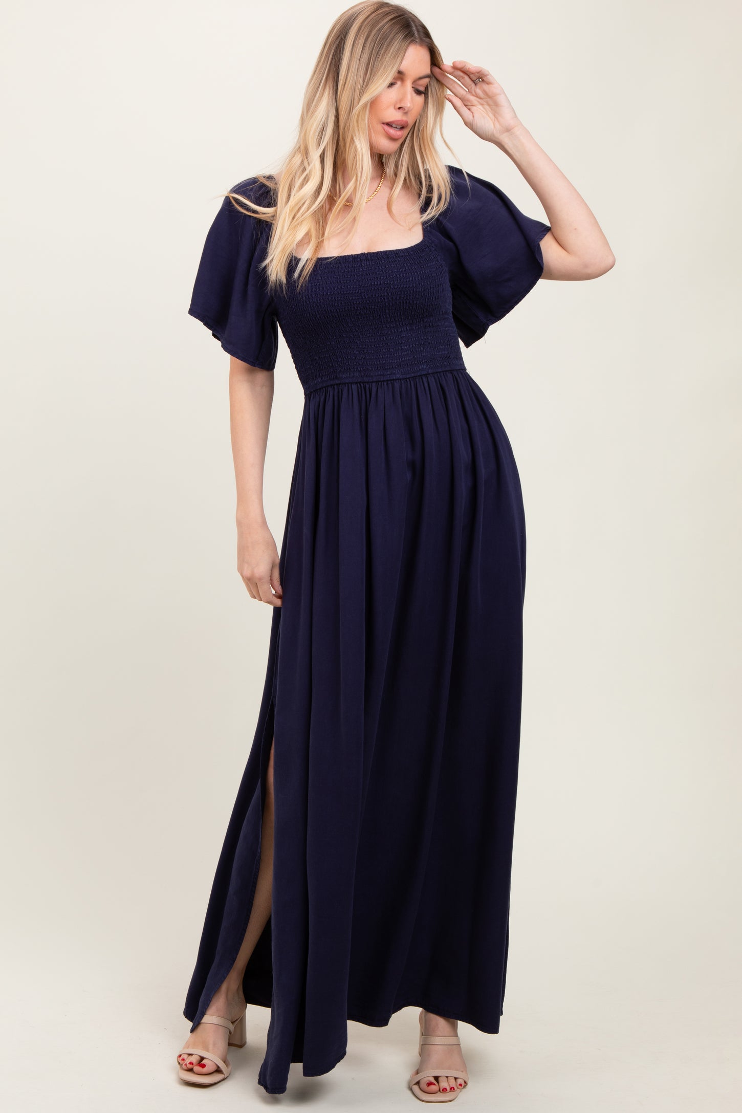 Navy Chambray Smocked Maternity Maxi Dress