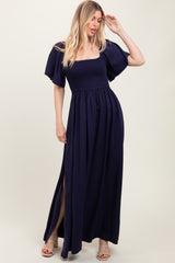 Navy Chambray Smocked Maternity Maxi Dress