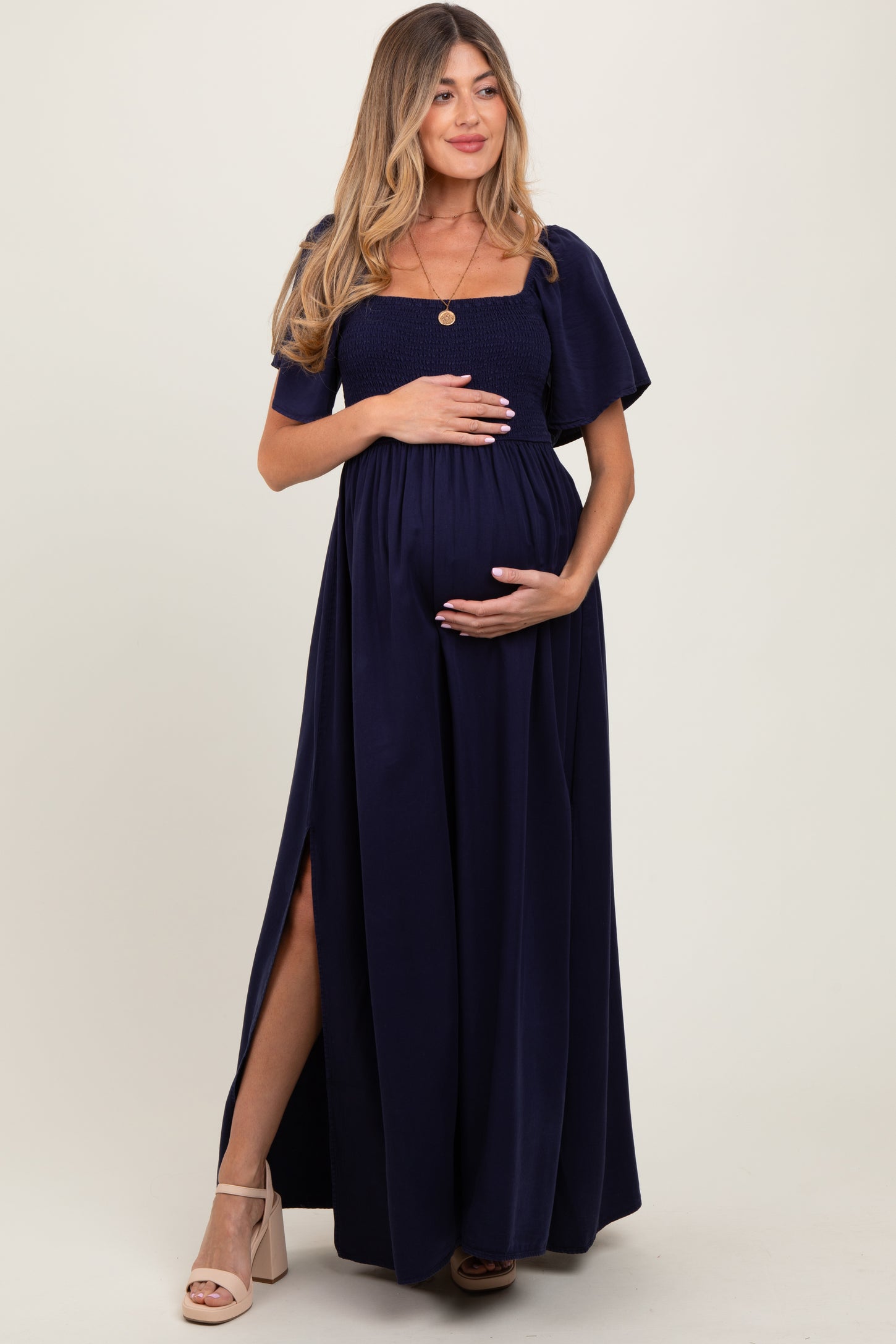 Navy Chambray Smocked Maternity Maxi Dress