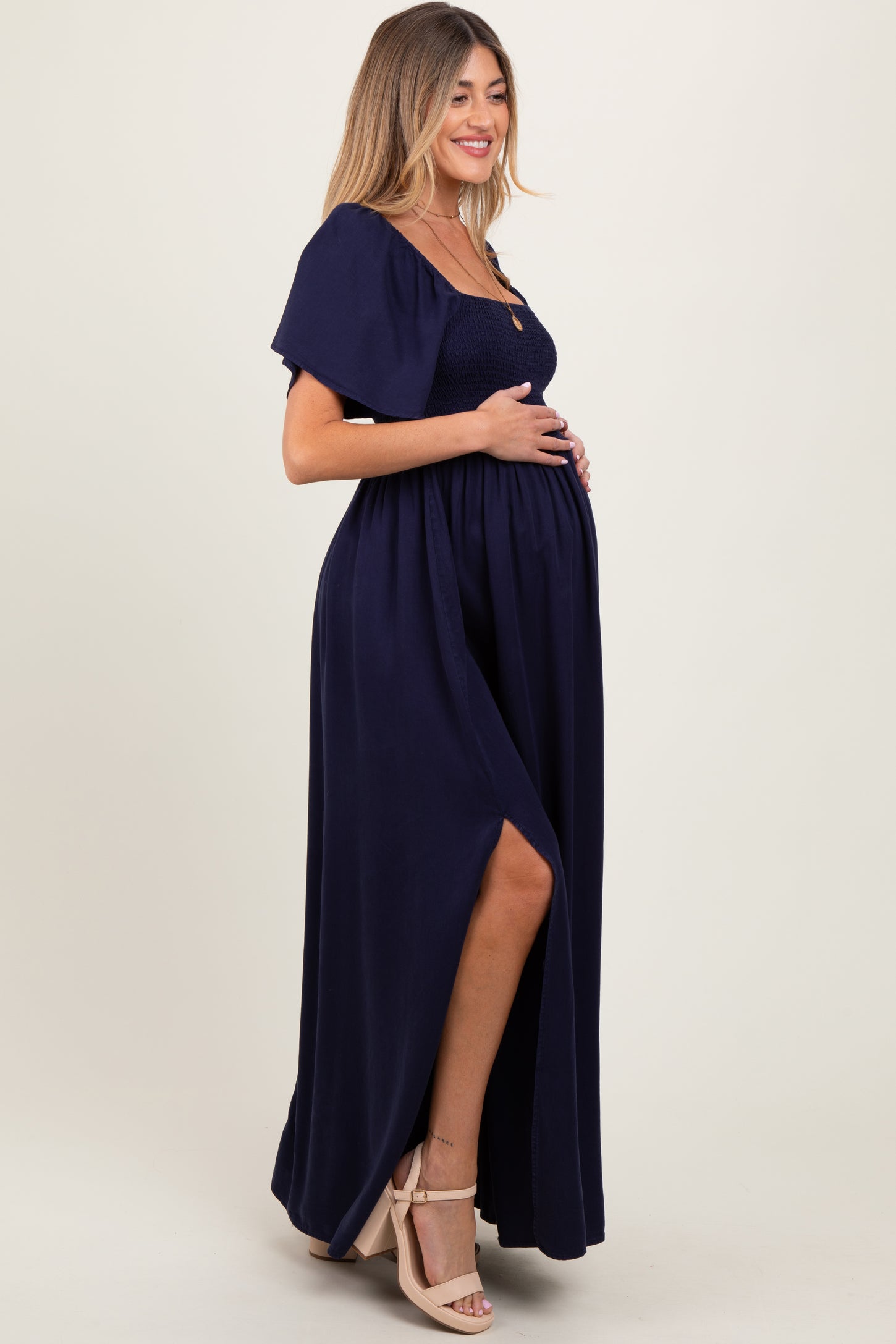 Navy Chambray Smocked Maternity Maxi Dress
