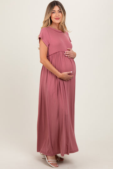 Mauve Short Sleeve Pocketed Maternity Maxi Dress