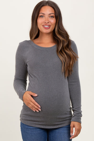Grey Ribbed Scoop Neck Long Sleeve Maternity Top