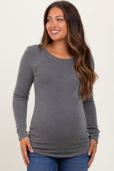 Grey Ribbed Scoop Neck Long Sleeve Maternity Top