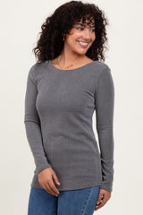 Grey Ribbed Scoop Neck Long Sleeve Top