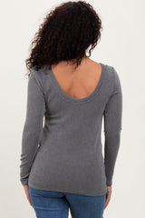 Grey Ribbed Scoop Neck Long Sleeve Top