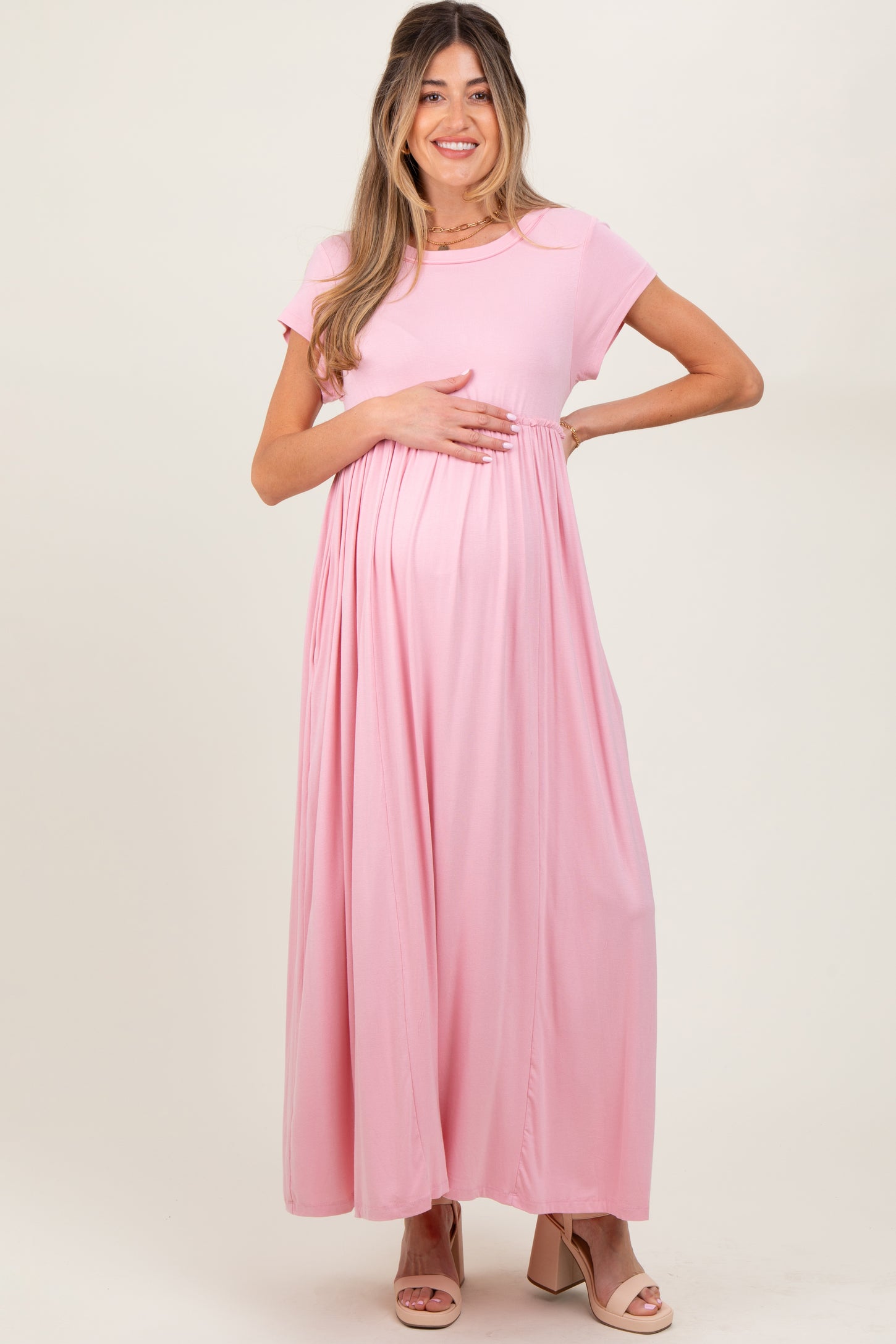 Light Pink Short Sleeve Pocketed Maternity Maxi Dress
