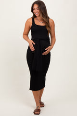 Black Ribbed Front Tie Sleeveless Maternity Midi Dress