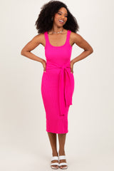 Fuchsia Ribbed Front Tie Sleeveless Maternity Midi Dress
