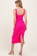 Fuchsia Ribbed Front Tie Sleeveless Maternity Midi Dress