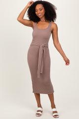 Mocha Ribbed Front Tie Sleeveless Midi Dress