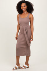 Mocha Ribbed Front Tie Sleeveless Midi Dress