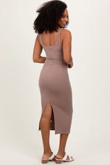 Mocha Ribbed Front Tie Sleeveless Midi Dress