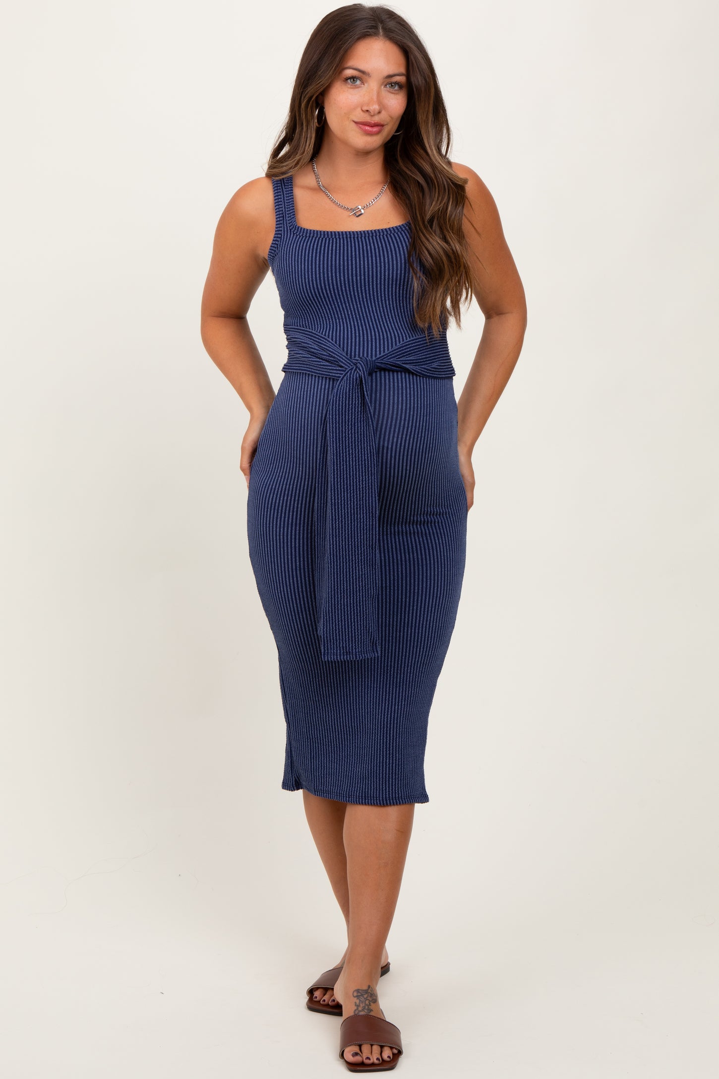 Navy Ribbed Front Tie Sleeveless Maternity Midi Dress