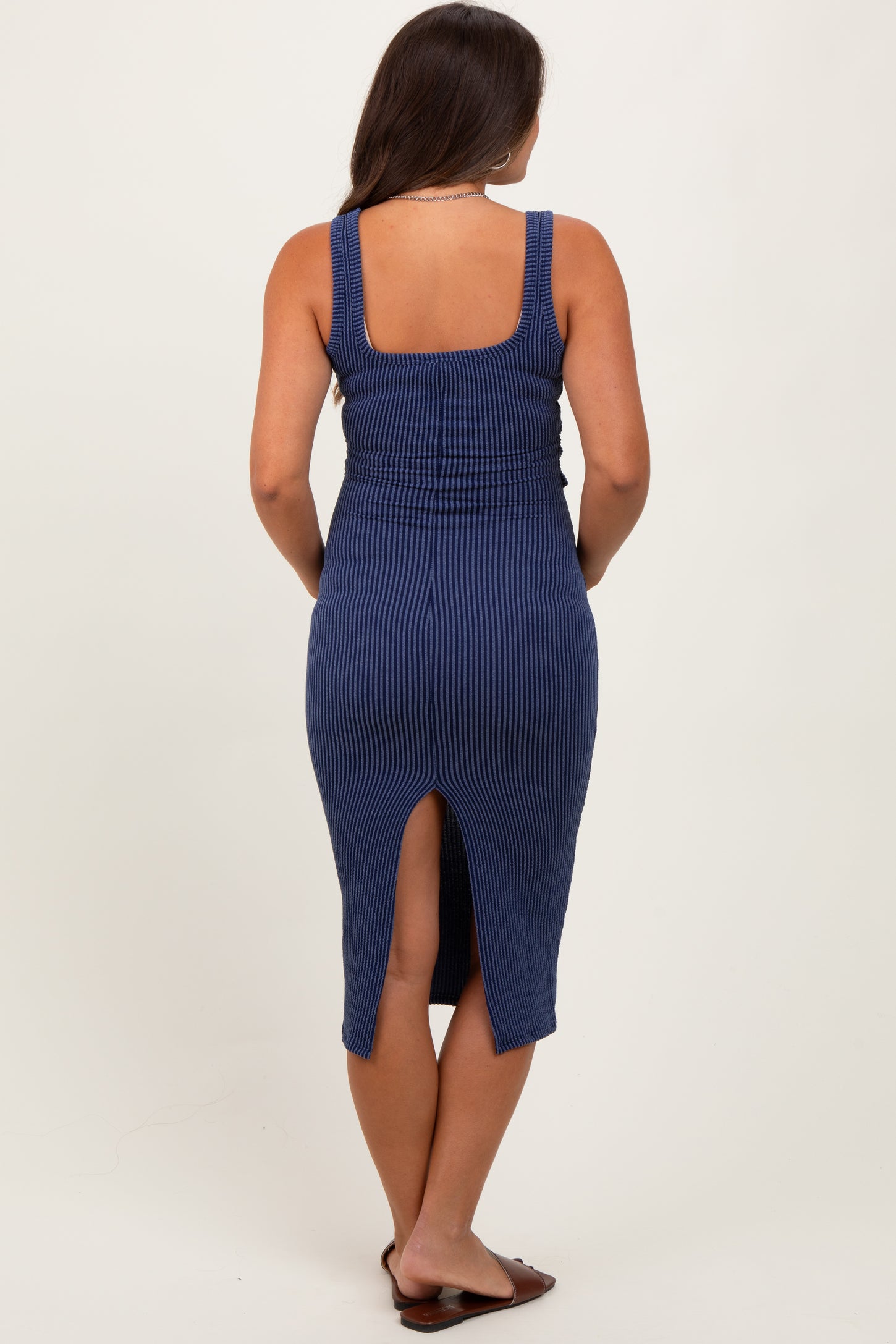 Navy Ribbed Front Tie Sleeveless Maternity Midi Dress