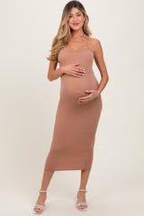 Taupe Ribbed Cami Maternity Midi Dress