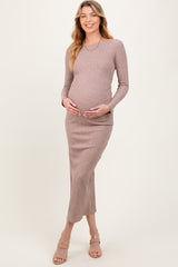 Taupe Ribbed Cinched Back Cutout Maternity Midi Dress