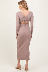Taupe Ribbed Cinched Back Cutout Maternity Midi Dress