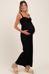 Black Ribbed Cinched Front Maternity Jumpsuit