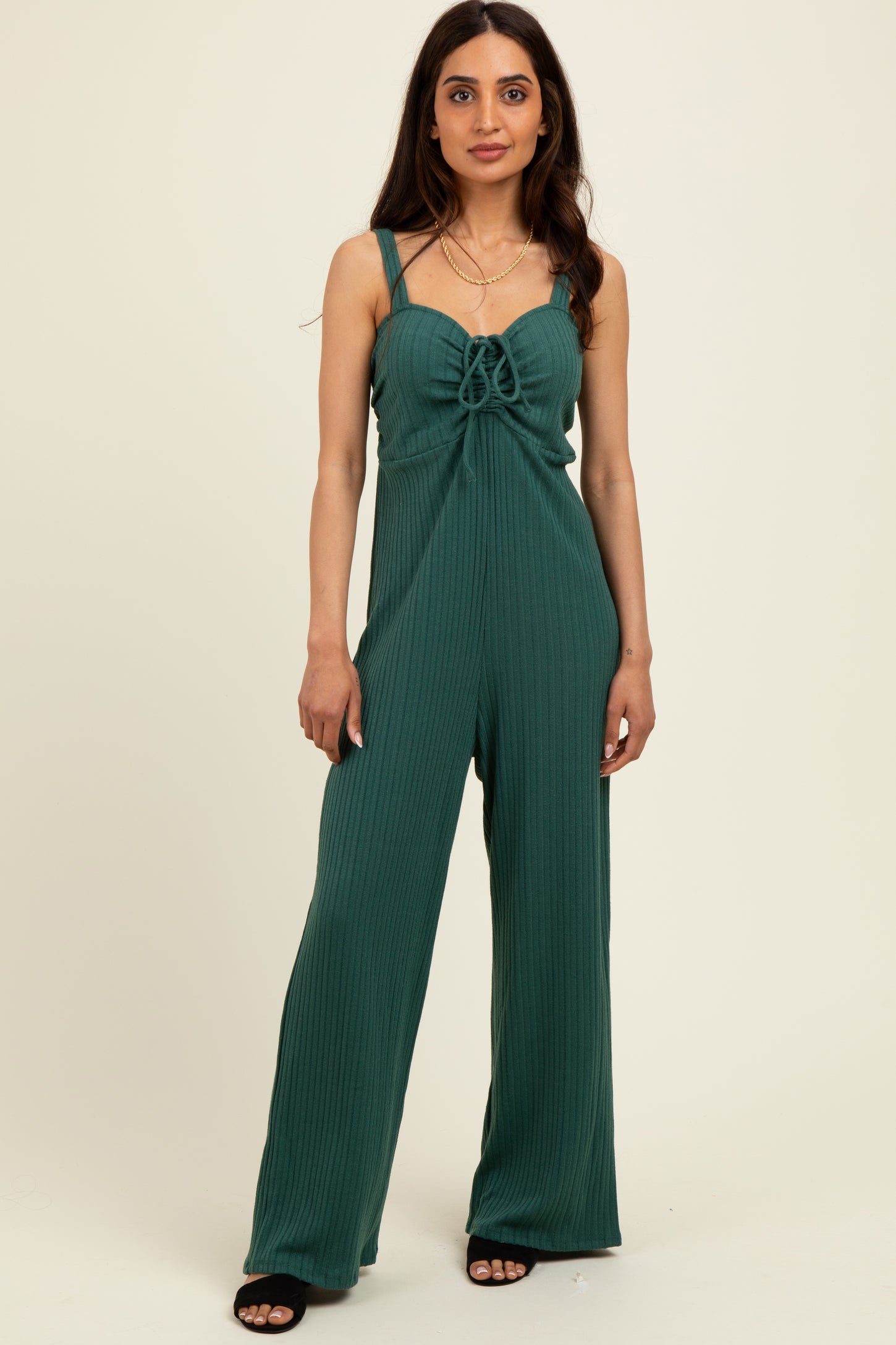 Forest Green Ribbed Cinched Front Jumpsuit