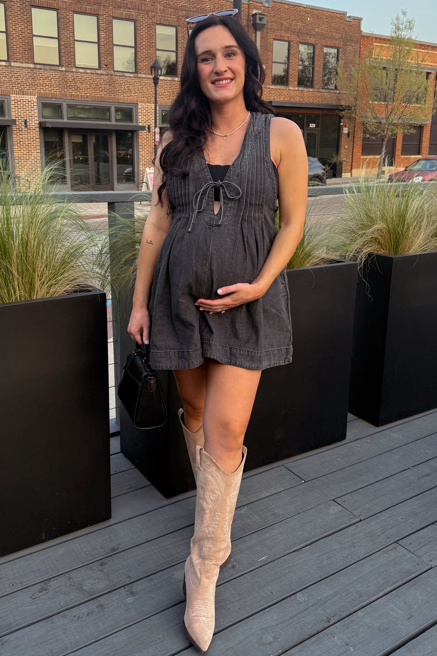 Charcoal Deep V-Neck Pleated Front Tie Sleeveless Maternity Romper