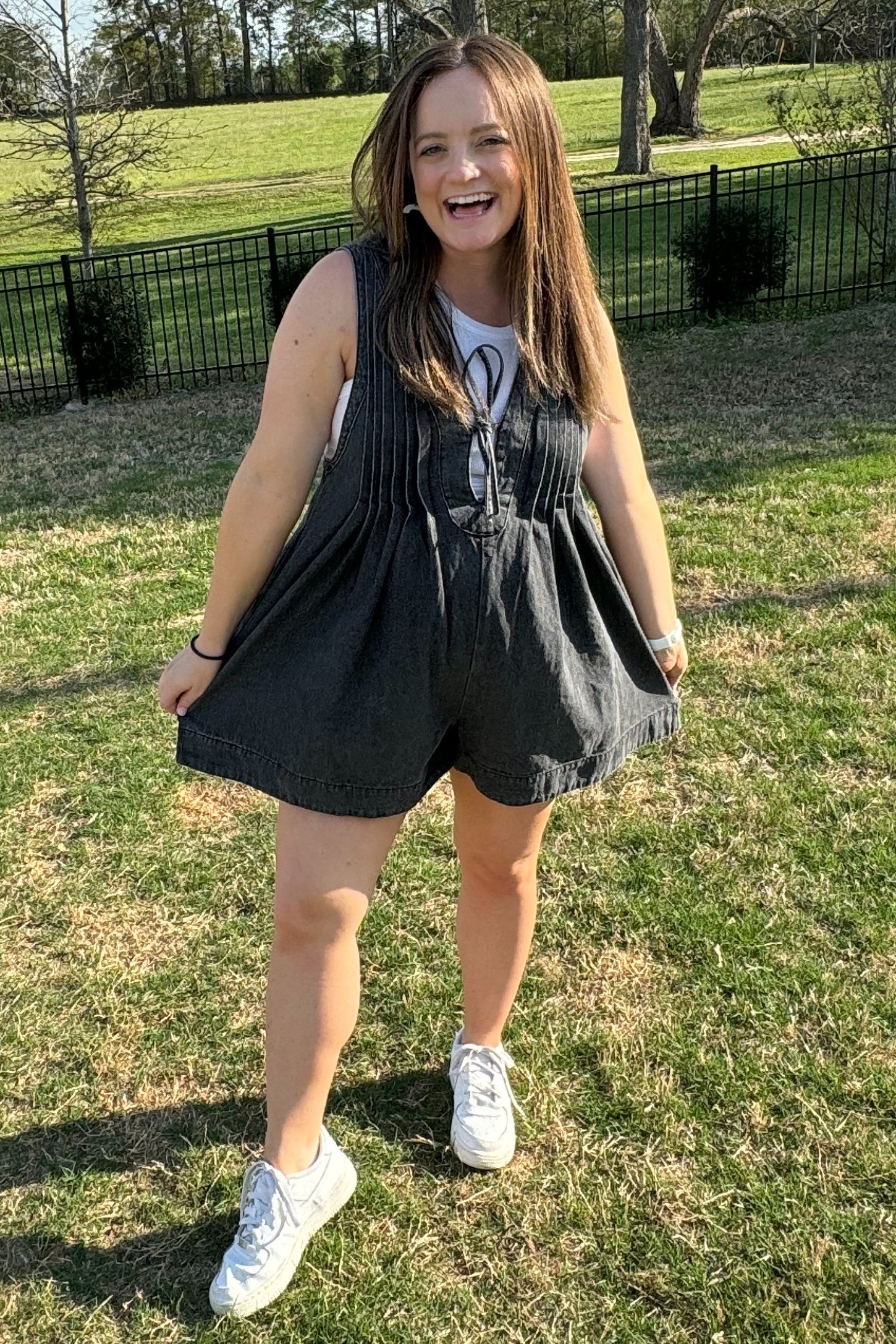 Charcoal Deep V-Neck Pleated Front Tie Sleeveless Maternity Romper