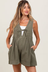 Olive Deep V-Neck Pleated Front Tie Sleeveless Maternity Romper