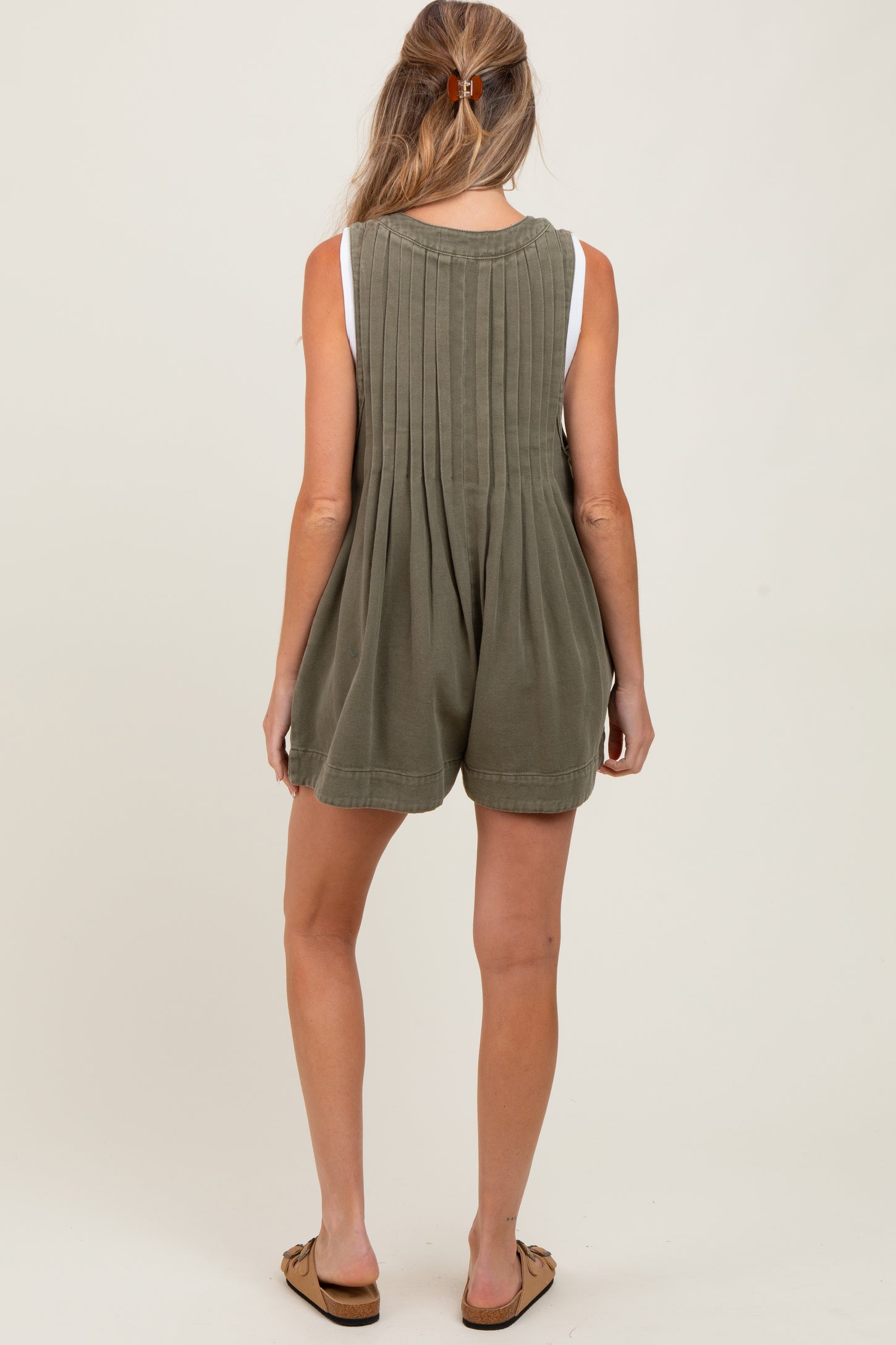 Olive Deep V-Neck Pleated Front Tie Sleeveless Maternity Romper