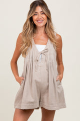 Beige Deep V-Neck Pleated Front Tie Sleeveless Maternity Romper