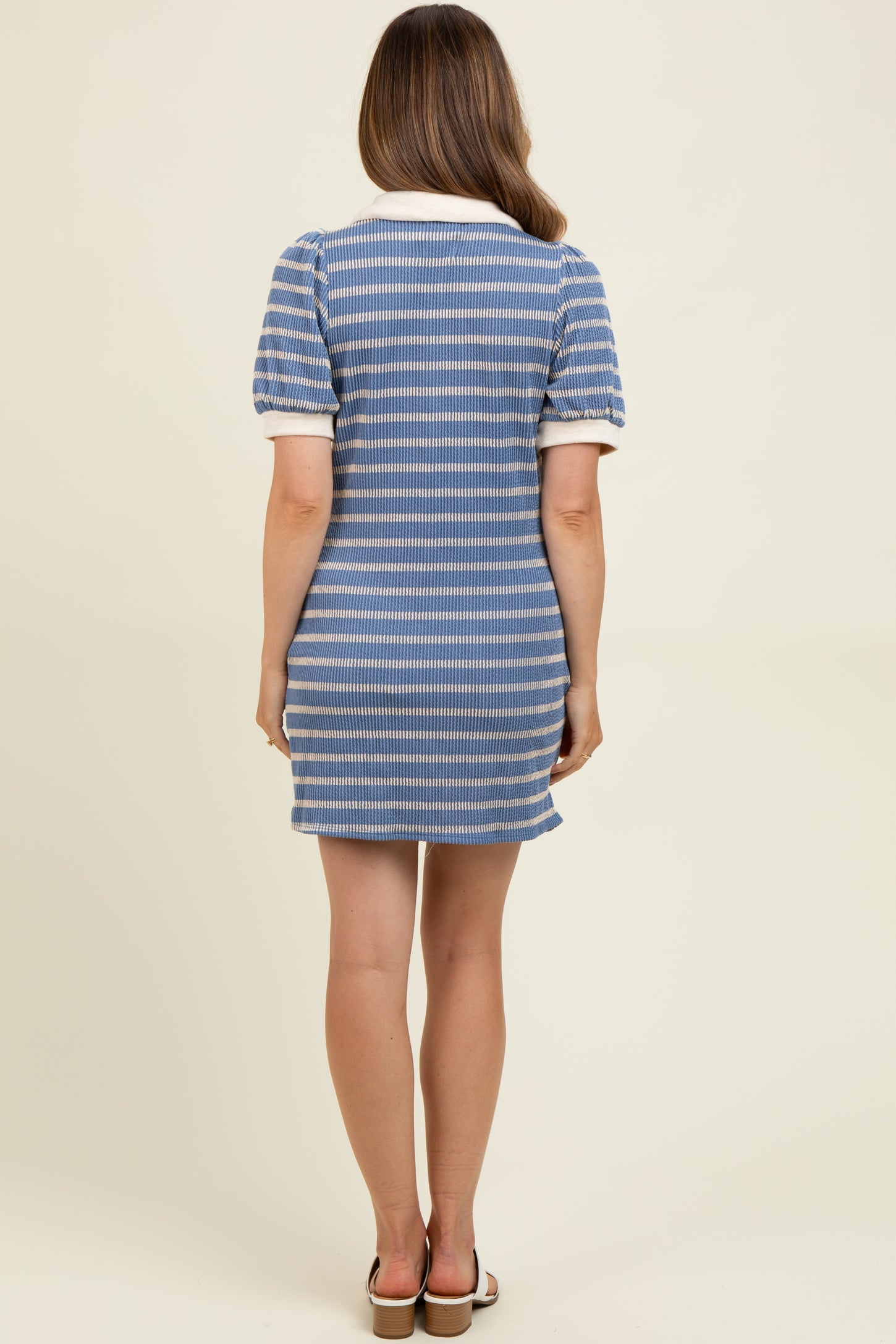 Blue Striped Ribbed Texture Polo Maternity Dress
