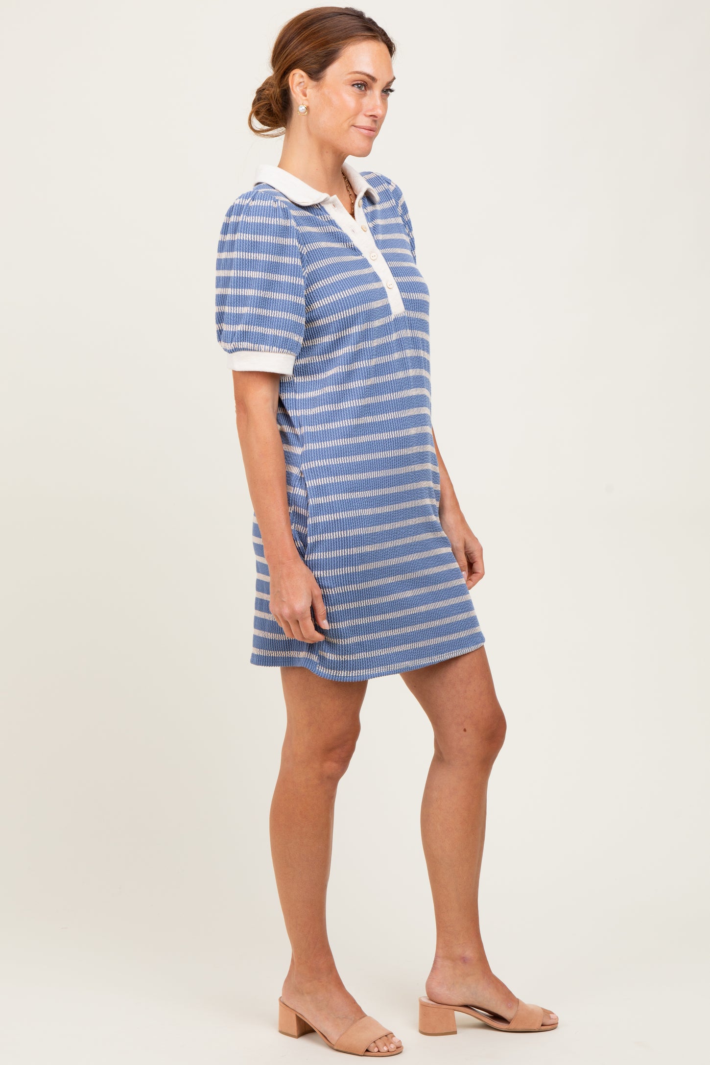 Blue Striped Ribbed Texture Polo Dress