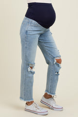 Light Blue Ripped Knee Fringe Hem Straight Leg Maternity Ankle Jeans