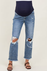 Blue Ripped Knee Fringe Hem Straight Leg Maternity Ankle Jeans