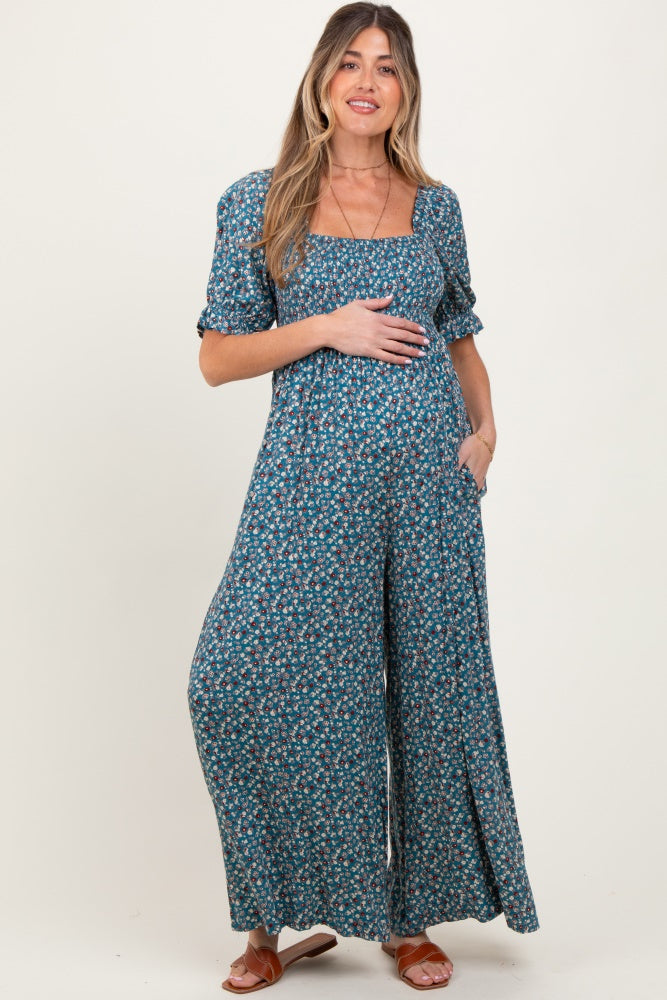 Teal Floral Smocked Puff Sleeve Maternity Jumpsuit