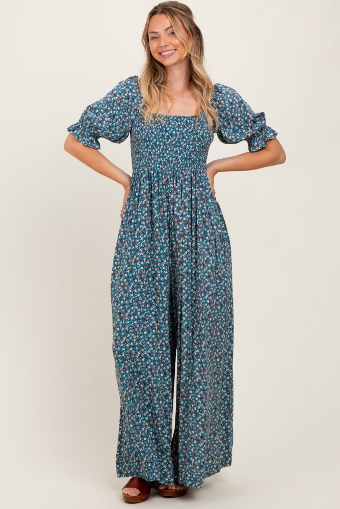 Teal Floral Smocked Puff Sleeve Jumpsuit